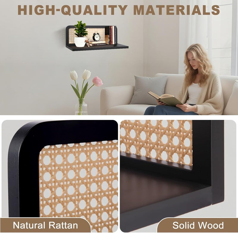 WHEARTED Floating Shelves Bathroom Wall Shelf, Wood Floating Book Shelves for Wall, Black Shelves for Living Room Bedroom Kitchen, Rattan Shelf, Nursery Book Shelves for Room, Set of 2 - Image 4
